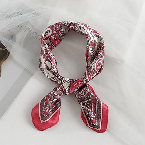 QBSM Womens 23.6 inch Satin Silk Feeling Formal Square Neck Scarf Head Hair Wraps Kerchief - color: Cashew Flowers-red