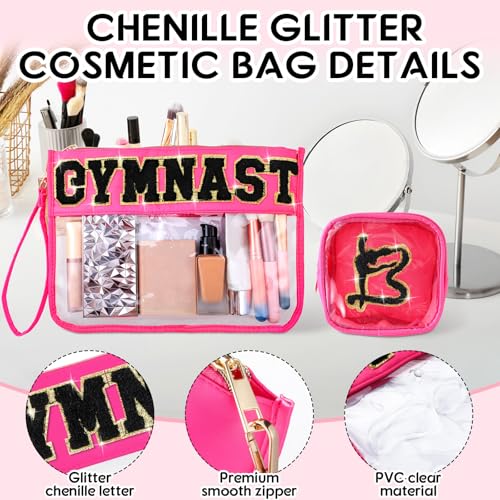 Hillban 2 Pcs Gymnastics Makeup Bag for Women Gymnastic Coach Gift Gymnastics Stuff for Sport Lover Birthday Team Gifts Chenille Letter Bag Cosmetic Clear Toiletry Pouch Waterproof Travel Purse - style: Gymnast Theme