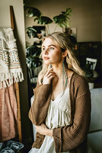 Feather Headz Bohemian handmade long lightweight feather dangle earrings for women - color: Natural & Turquoise