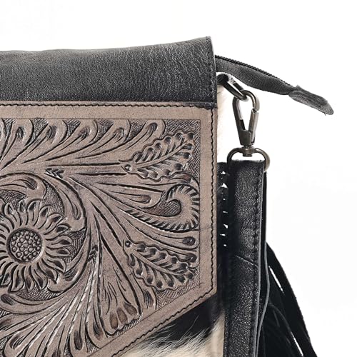 Merbaa Sunset Star Crossbody Bag - Real Cowhide Hairon Women's Handbag with Leather Fringes - color: Black