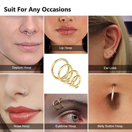 4Pcs 16G 18G 20G Surgical-Steel-Piercing-Ring-Nose-Rings-Hinged-Hoop-Earrings,6mm 8mm 10mm 12mm Seamless Stainless Steel Clicker Eyebrow Septum Piercing Hoop,Sliver Black Gold Rose Gold Rainbow Body Jewelry Set - color: 18G 8mm Gold