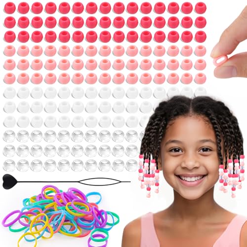 160Pcs 10mm Small Silicone Beads for Hair Braids, Soft Jellyish Pony Hair Beads with 5mm Hole + 50 Rubber Bands and 1 Beader for Braiding, DIY Bracelets Necklaces Crafts (Light Pink) - color: Light Pink Mix-160Pcs