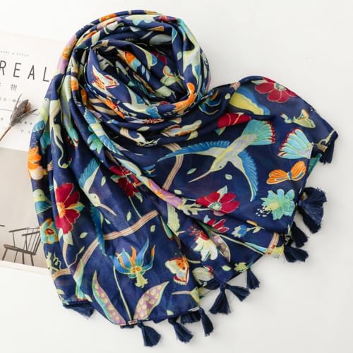 WaJuemy Travel Boho Scarf for Women Casual Lightweight Pashmina Scarves Fashion Multicolor Shawl Wraps with Fringed Beads - color: 49 Navy Bloom