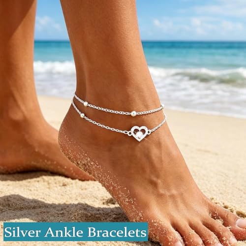 925 Sterling Silver Ankle Bracelets for Women 14K Gold Plated Layered Anklet Sets Dainty Heart Anklets Chain Waterproof Beach Foot Jewelry Gifts - style: Heart-Silver1