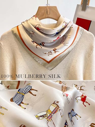 100% Mulberry Silk Scarf for Women Hair Lightweight Square Neckerchief Wrap For Head Scarves 21" - color: 19-horse (Cream Coloured) /21"*21"