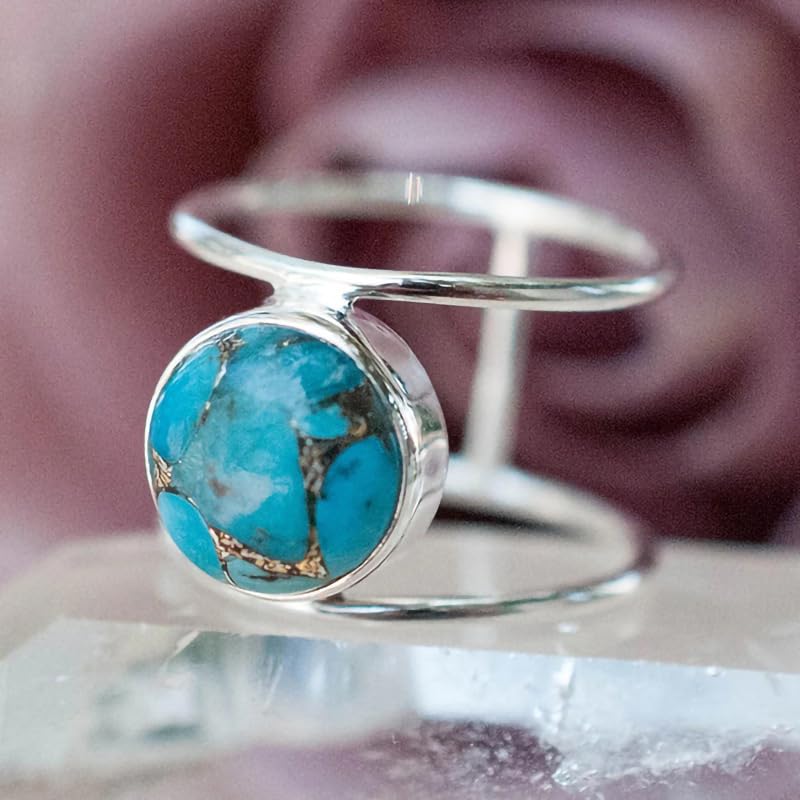 14K Gold Plated Statement Ring for Women Simulated Blue Turquoise Boho Simple Minimalist Jewelry 925 Silver Plated Gem Women's Ring Bohemian Jewelry Handmade Simple Ring S-8# - color: silver, size: 8#