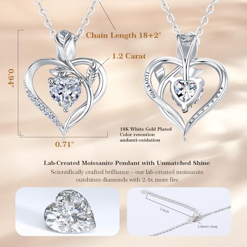1.2CT Rose Heart Necklace Option of Moissanite or Lab-Grown Sapphire Ruby Emerald&More Necklace for Women Birthstone Girlfriend Necklace S925 Sterling Silver 18K White/Rose Gold Plated D Color VVS1 Gift for Wife Mother Daughter for Birthday Anniversary Mo