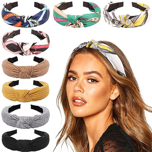 DRESHOW 8 Pack Knotted Headbands for Women Wide Turban Headband Yoga Exercise Ribbing Hair Hoop Hair Bands Accessories - color: 8 Pack：printed Patterned+solid Color