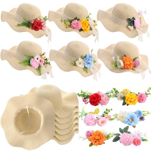 6 Sets DIY Tea Party Straw Hats Kit DIY Straw Hat for Women Blank Sun Hats - style: Wildflower Meadow