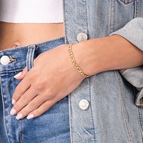 Barzel 18K Gold Plated Figaro Bracelet - Made In Brazil - color: 5MM, size: 7.5 Inches