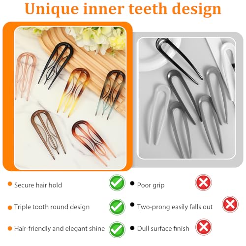 6 Pcs French Hair Pins for Women, U-Shaped Hair Fork Vintage Large Hair Styling Pins Internal Teeth Hair Sticks for All Hair Types (6 colors)