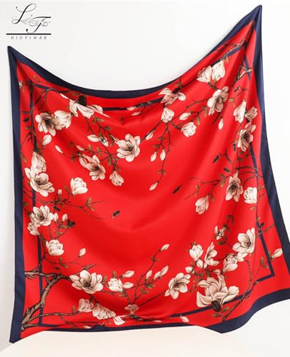 Hioyiwse Head Scarf For Women Hair Bandana 35" Large Square Satin Wrap Sleeping Neck Silk Satin Hair Scarves Lightweight - color: F23-white Flowers on Red Background(35*35inch）