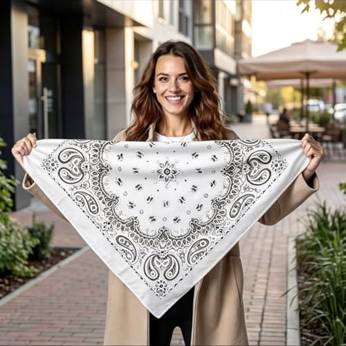 Junvena 27 Inch Extra Large Bandana 100% Cotton,Soft Thin Breathable Headband for Men Women, Solid & Paisley - color: White Paisley 3 Pack