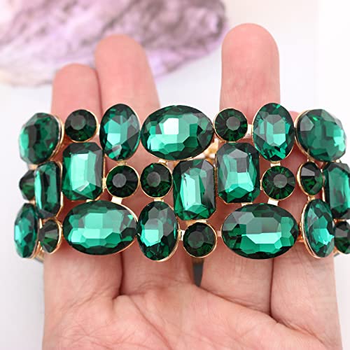 Women’s Wedding Bridal Crystal Leaf Flower Stretch Bangle Elastic Wide Bracelet Jewelry for Brides Bridesmaid - color: Emerald-Gold Plated