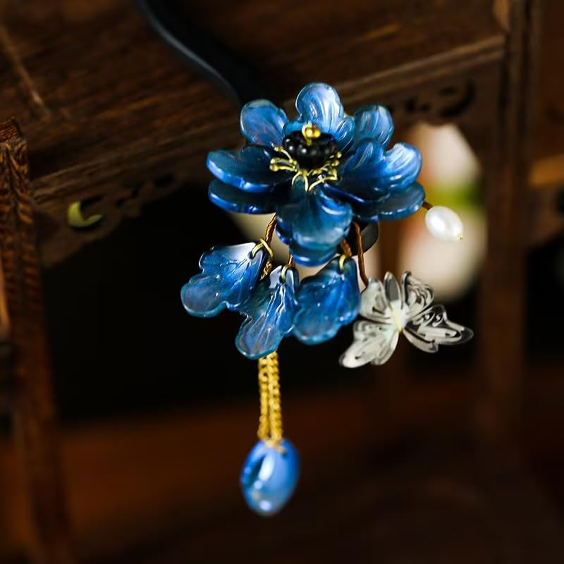 Blue Resin Plum Blossom Hairpin with Wooden Stick & Elegant Tassel - Chinese Hanfu Vintage Hair Accessory for Women, Symbolic Floral Hair Stick (Blue Plum Blossom) - color: Blue Plum Blossom