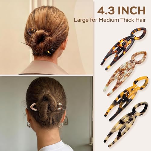 4PCS Prestige French Hair Pins for Women - 4.33 Inch Large Tortoise Shell Hair Pin, Acetate Curved Design for Updos Buns Chignons, Strong Hold Hair Styling Pins for Thick Thin Hair