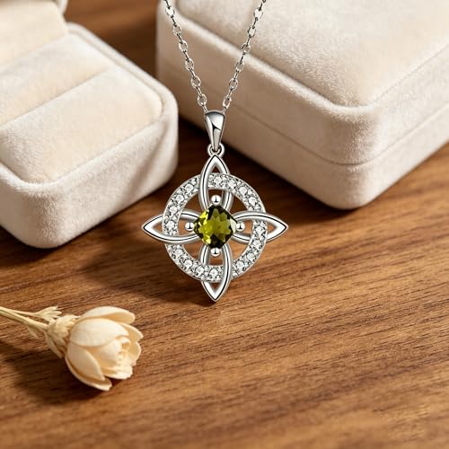 Mystical Birthstone Witches Knot Necklace – Natural Crystal Celtic Pendant, Wiccan Pagan Jewelry Gift for Women - color: August