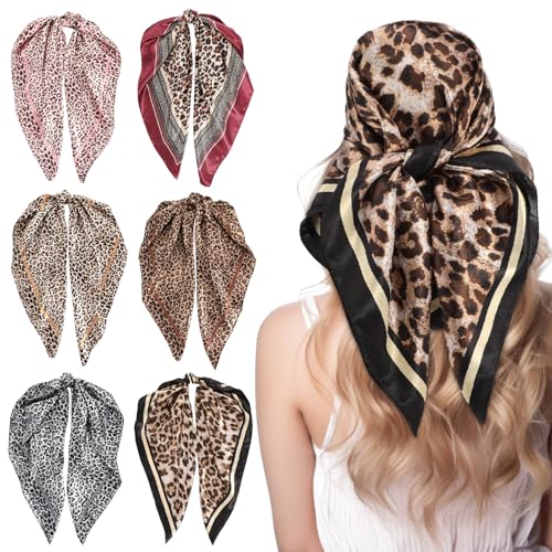 JATEBI 27''/35'' Women Large Satin Scarf Silk Feel Square Wraps Big Hair Bandanas Vintage Print Solid Color Bandana Scarves - color: Pink, Red, Yellow, Brown, Gray, Black Leopard, size: 35'' Large