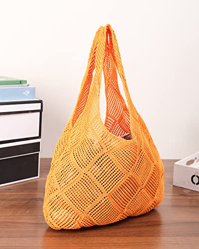Crochet Mesh Beach Tote Shoulder Handbags Hobo Summer Aesthetic Women's Bag - color: Orange