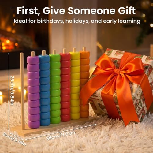 Color Matching Stacking Puzzle Game, Wooden Color Match Challenge Game Fast Color Stack Challenge Ring Stack Puzzle with Racks and Rings, Tabletop Brain Teaser for Family Friend Friendly Fun