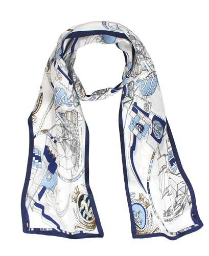 ANDANTINO 100% Silk Scarf for Women 59”*6.3” Long Shawls for Headscarf and Neck- Oblong Hair Wraps with Gift Packed - color: White&blue -Nautical