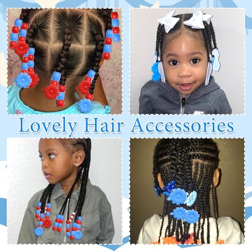 60PCS Hair Beads for Braids Blue Red Flower Self Hinge Hair Clips | 4th of July,Cute Dreadlock Beads, Acrylic Pony Bead,Plastic Hairpin Clips,80s 90s Colorful Hair Accessories - color: Blue&Red
