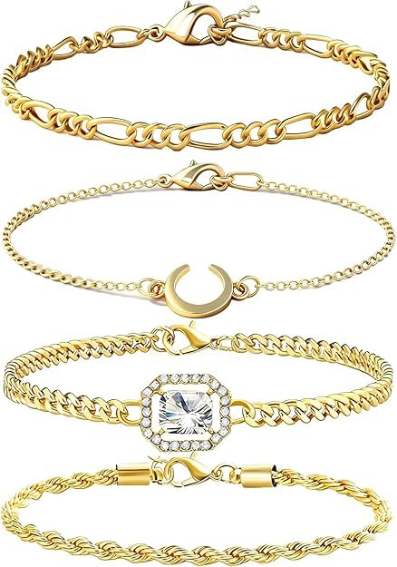 Alegend Titanium Steel (Not Rust, Resist Corruption, Easily Clean) 18K Gold Plated Single Bracelets + 14K Gold Plated Stackable Multilayer Bracelets - style: 14K Gold Plated Four-Layered