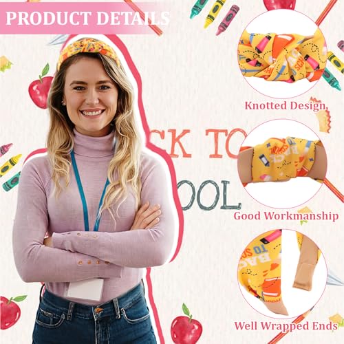 KICOSY 4PCS Back to School Knotted Headbands - Pencil Print Hair Hoops for Classroom, Daily Styling, Photo Shoot & Back to School Gift