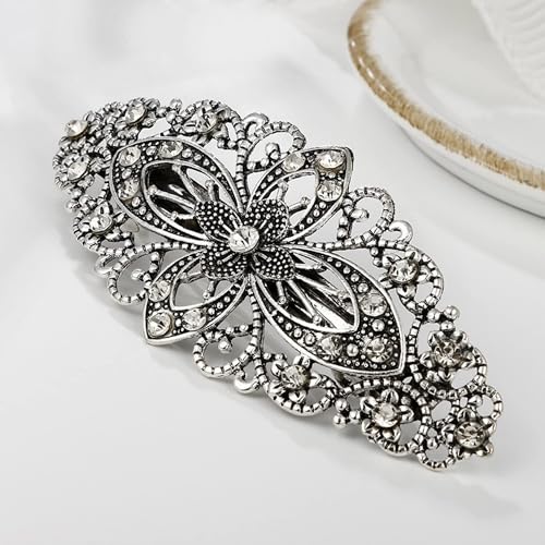 Vintage Flower Hair Barrette Hair Slides, Antique Style Hair Clips for Women Jewellery, Sparkly Silver Hair Clip Hair Accessory Crystal Grips for Women Girls Wedding Birthday Prom Gift