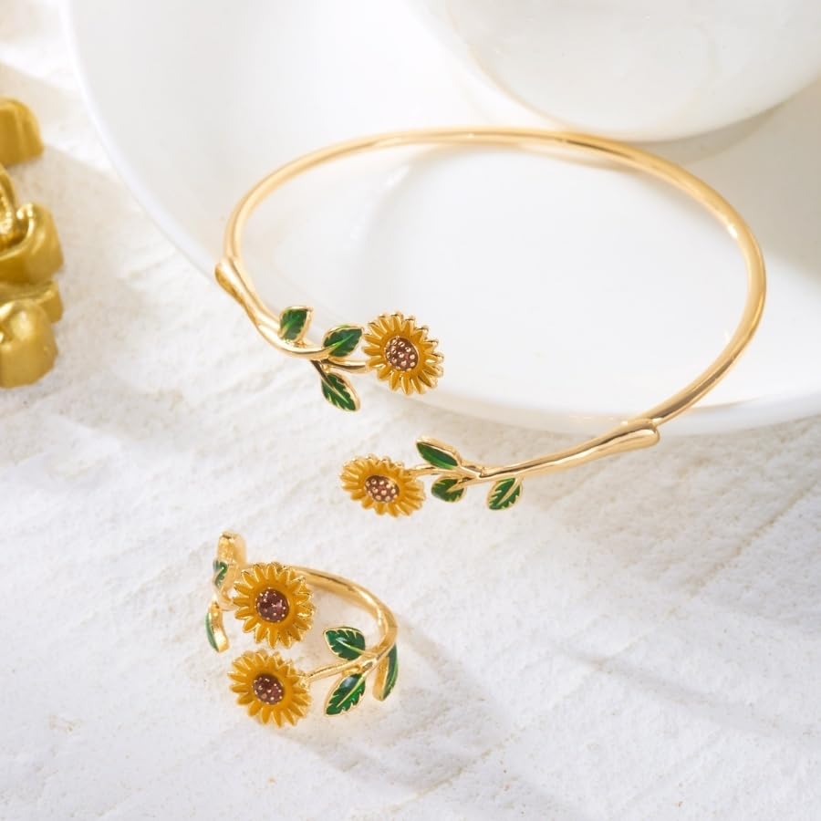 Caiyao 2Pcs Adjustable Sunflower Open Cuff Bangle Bracelets Ring Gold Tone Enamel Daisy Flower Floral Upper Arm Armband Bracelet for Women Boho Summer Inspired Floral Jewelry Gifts - style: StyleA