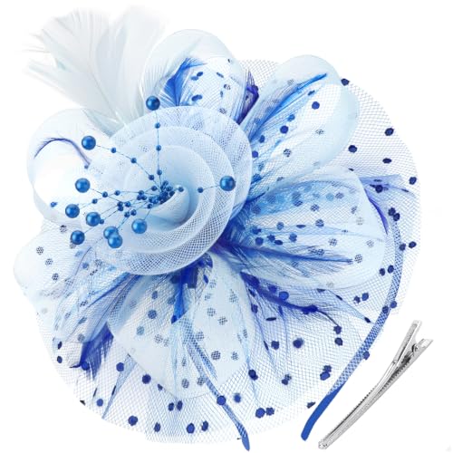 DRESHOW Fascinators Hat Flower Mesh Ribbons Feathers on a Headband and a Clip Tea Party Headwear for Girls and Women - color: 7" Diameter / Blue & Light Blue