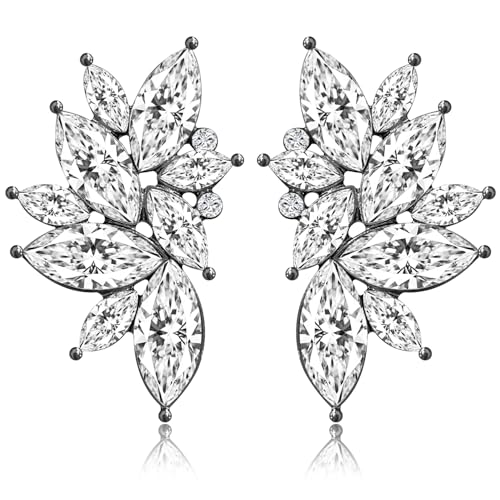 Bohemian Statement Sparkly Colourful Fancy Rhinestone Crystal Flower Dangle Drop Stud Earrings Vintage Wedding Bridal Prom Earrings for Women - color: White