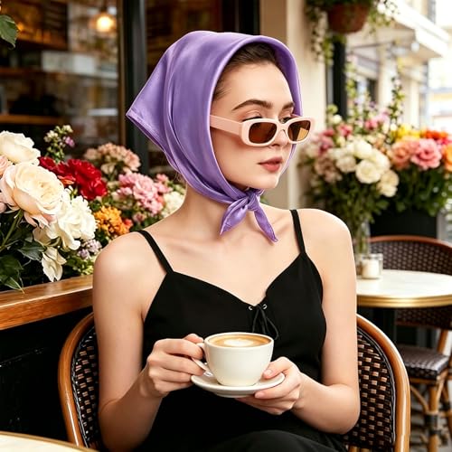 American Trends Women Silk Feeling Scarf Satin Head Scarves Square Wrap Neck Scarf Lightweight Silk Like Bandana - color: Purple