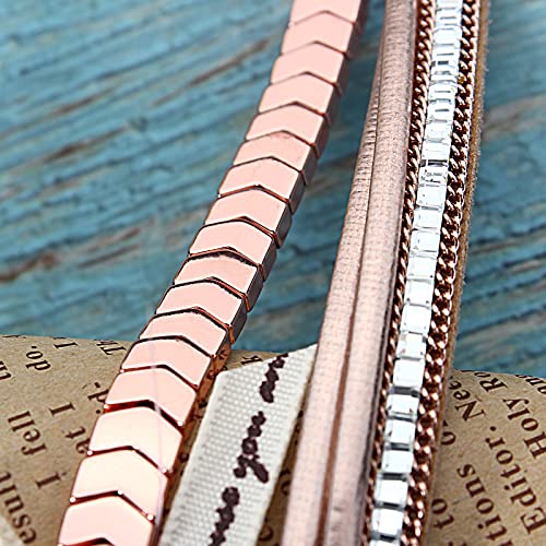 FANCY SHINY Hematite Leather Wrap Bracelets Beaded Healing Stone Cuff Bracelet Rhinestone Boho Jewelry Gift for Women with Clasp - color: Rose Gold