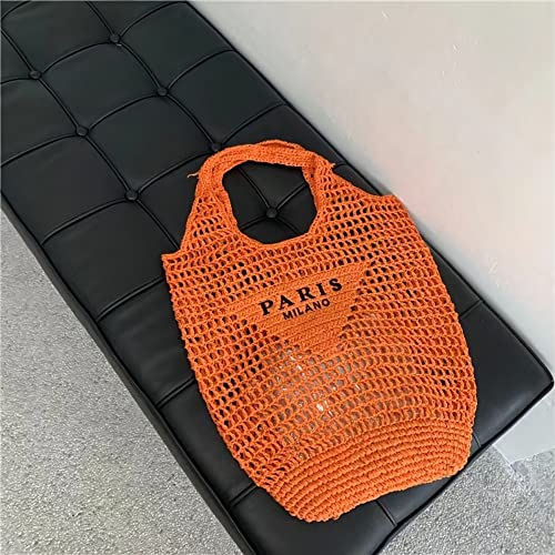 POOOPSSD New Woven Bag, Straw Mesh Tote Bag, Beach, Shoulder Bag, Hobo Women, Foldable Large Capacity, for Holiday. - color: Orange
