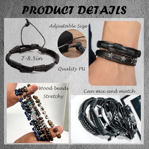 Punk Braided Leather Bracelets for Men Women Gothic Wood Beaded Tribal Wrap Wristband Grunge Emo Multilayer Adjustable Mens Bracelet in Black Brown Fathers Day Gift - color: Star