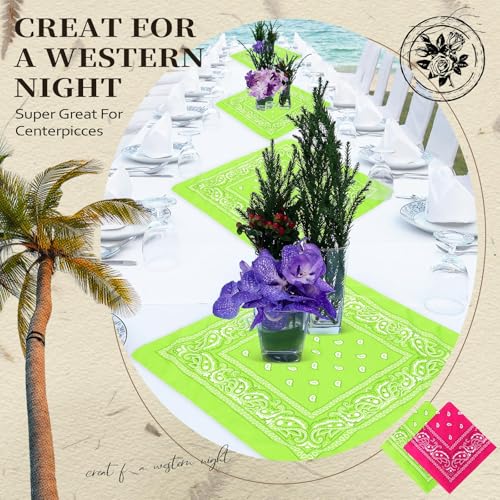 Suhine 24 Pcs Bandanas Bulk for Women Men 22 x 22 Inch Paisley Outdoor Headband Cowboy Handkerchief Summer - color: Fluorescent Green, Rose Red
