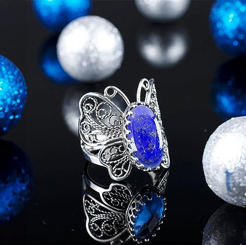 Filigranist Sterling Silver Filigree Art Butterfly Women Cocktail Ring with Gemstones - color: Lapis Lazuli