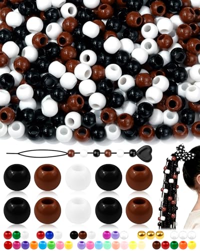 FIVEIZERO 260PCS Large Hole Hair Beads, 10x12mm Pony Beads for Hair Braids | acrylic pony style, black brown white, smooth lightweight finish, reusable, bracelets, keychains, macramé and DIY crafts - color: Black Brown White