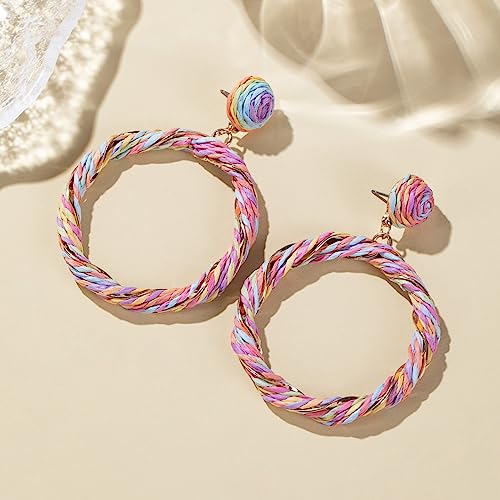 Boho Raffia Hoop Dangle Earrings Twisted - Statement Rattan Round Geometric Earrings For Summer Beach Vacation - color: COLORFUL