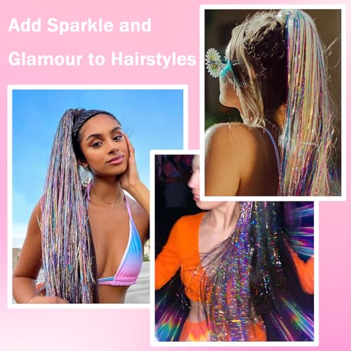 NIACONN Glitter Hair Tinsel Extensions Kit Rainbow Color with Tools and Beads, 48 Inch Sparkly Fairy Colorful Tensile Strands Shiny Hair Accessories for Women Girls Kids - color: Rainbow