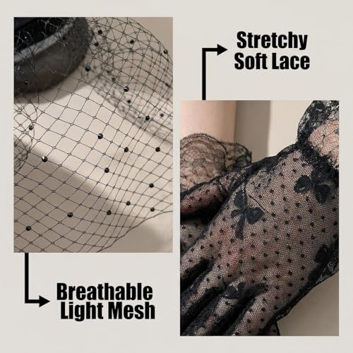 20s 50s Black Funeral Birdcage Veil Fascinator Hats, Vintage Lace Mesh Headband Hair Clip Headwear and Short Floral Lace Gloves for Women for Wedding Cocktail Tea Party Church Birthdays