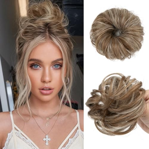 CJL HAIR 2PCs Small Cute Messy Bun Hair Piece for Thin Hair Women Mini Synthetic Curly Bun Scrunchies Updo Hairpieces Beige Multi - color: 2PCS-Beige Multi