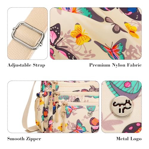 AOCINA Crossbody Bags for Women Multi Pocket Nylon Lightweight Ladies Purses Messenger Shoulder Handbags Satchel Travel Bag - color: Beige Butterfly, size: Large