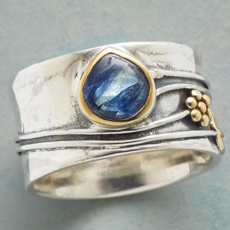 Mnyixsi Vintage Silver Blue Moonstone Ring 925 Sterling Silver Retro Princess Waterdrop Cut Sapphire Band Diamond Gemstone Wedding Engagement Ring Gemstone Boho Ring Size 8 - size: Size 8