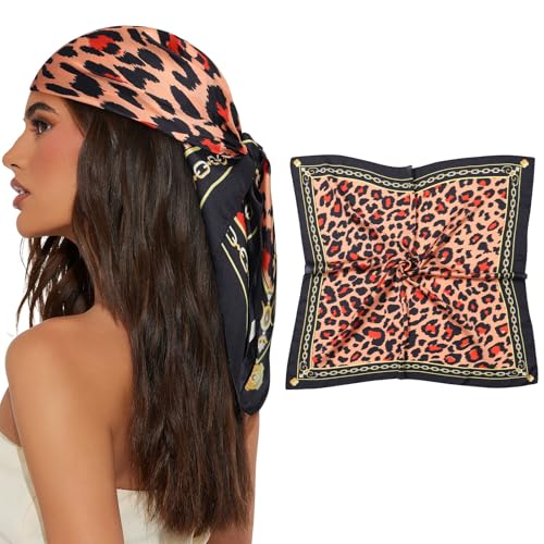 AWAYTR 27.5” Square Satin Head Scarf Hair Scarf for Women's Hair Silk Bandana for Women Silk Head Wrap for Sleeping - color: Leopard (Oil Green)