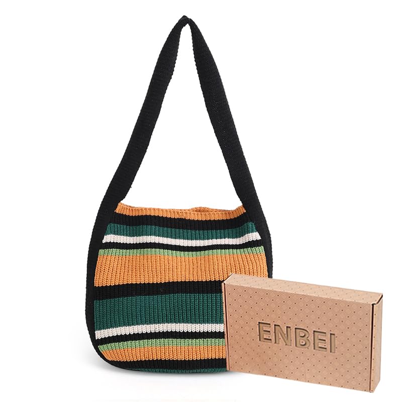 ENBEI Women's Crochet Tote Bag Knit Shoulder bag,Aesthetic Bag,Cute Eco-Friendly Tote for Travel,Daily Use,Gift Box Packaging - color: Black-a