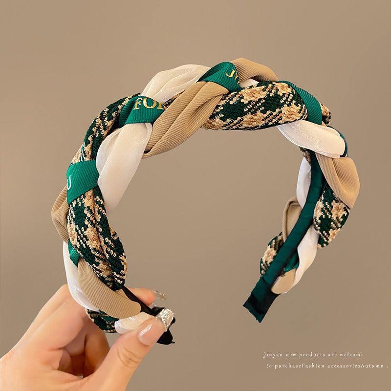 Braided Headband for Women-Vintage Fabric High Crown Headband with Non-Slip Teeth, Cute Boho Knotted Hair Band for Women & Teens (33-Green, One Size) - color: 33-Green