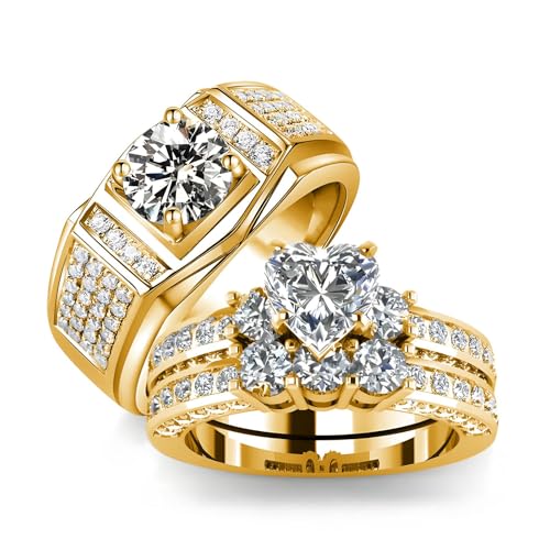 3Pcs Moissanite Wedding Rings Sets for Couples, s925 10K 14K 18K Real Gold Wedding Rings Sets for Him and Her, Customized Matching Engagement Bands Set for Men and Women Free Engraving - style: Style-11