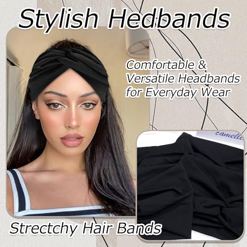 4 Pack Wide Headbands for Women Twist Headbands Stretchy Boho Turban Hair Band Non Slip Workout Women Head Wraps Accessories (Black) - color: Black